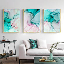 Pintura de arte moderno para sala de estar, lienzo de mármol verde y rosa, arte de pared, póster de moda, tinta de Alcohol, imágenes abstractas 2024 - compra barato