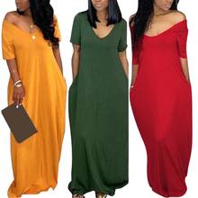 Casual Women Summer Oversize Solid Color V-neck Sexy Off Shoulder Short Sleeve Maxi Dress Cotton Pocket For Holiday Daily Wear 2024 - buy cheap