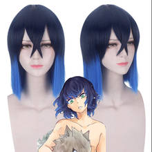 Demon Slayer Kimetsu no Yaiba Hashibira Inosuke Black Blue Heat Resistant Cosplay Costume Wigs + Wig Cap 2024 - buy cheap