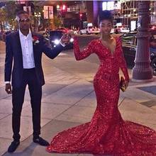 Sparkly Red Sequined Mermaid Prom Dresses African Black Girl Long Sleeves V Neck Special Occasion Prom Gowns Evening Wear 2024 - buy cheap
