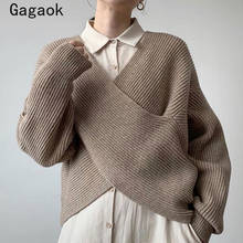 Tangaok suéter feminino de malha coreana, primavera outono e inverno, gola v, criss-cross, swaters sólidos, casual, chique, pulôveres k3842, novo 2020 2024 - compre barato