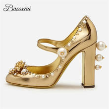Carved Rose Flower Wedding Shoes Bridal Gold Patent Leather Beading Pearl Rivet Ball Rhinestone Spring High Heel Pumps Women 2024 - buy cheap