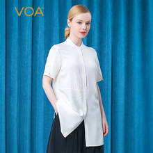 VOA 36m/m Elastic Heavy Crepe White Stand Collar Short Sleeve Blousre BE562 Single-breasted Asymmetric Medium and Long Shirt 2024 - buy cheap