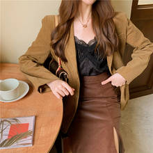 Faux Leather Skirt Split Hem Sheath Pencil Skirts Elegant Women High Waist Brown Solid Color Mid Calf Length 2024 - buy cheap