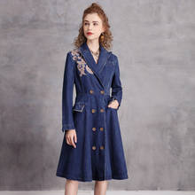 Johnature Women Denim Vintage Embroidery Trench Button Coats 2021 Autumn Winter Long Sleeve Patchwork Pockets Female Thick Coat 2024 - buy cheap