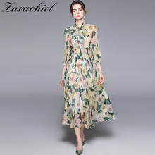 2021 Summer Elegant Yellow Camellia Printed Holiday Long Chiffon Dress Fairy Women Bow Collar Lantern Sleeve Boho Pleated Dress 2024 - buy cheap