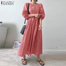 Women's Check Sundress 2021 ZANZEA Kaftan Puff Sleeve Summer Dress Casual Plaid Maxi Vestidos Female V Neck Robe Oversized S- 2024 - buy cheap