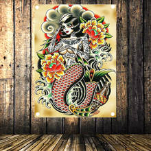 Винтажные баннеры с изображением русалки, 4 прокладки в углах, холщовая картина, американский нео-традиционный тату-пистолет, художественный плакат, гобелен 2024 - купить недорого