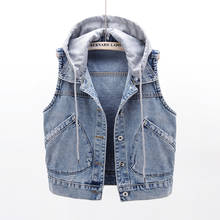 Colete jeans vintage feminino, colete curto de verão com capuz, bolso grande, 5xl, feminino sem mangas, plus size 2024 - compre barato