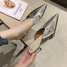 Japanned leather pointed toe brief slippers thick high heels shallow silver&black shoes woman summer mules casual comfy slides 2024 - buy cheap