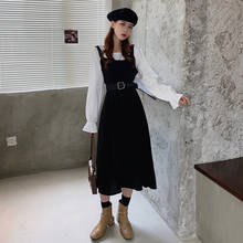 Fashion Two Pieces Set Woman Shirt+Strap Dress With Women Japan Pullovers Puff Sleeve White Shirt Long Dress Suit 2024 - buy cheap