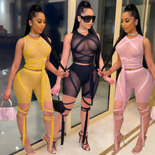 2021 Mesh Sheer Summer Outfits Two Piece Set Lace Up Crop Top Bodycon Shorts for Women Tracksuit Sexy Club Matching Sets 2024 - buy cheap