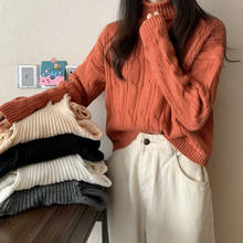 Suéter feminino com manga comprida, blusão feminino gola alta, outono e inverno, solto, curto 2024 - compre barato