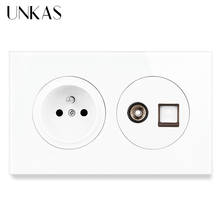 UNKAS French Standard Wall Socket + Female TV Connector and RJ45 Computer Jack 146MM*86MM Glass And Black Aluminum Panel Outlet 2024 - buy cheap