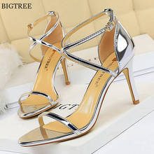 Open Toe Fashion Cross Buckle Women Sandals 2021 Summer Patent Leather 8cm High Heel Pumps Silver Ladies Office Sexy Party Shoes 2024 - buy cheap