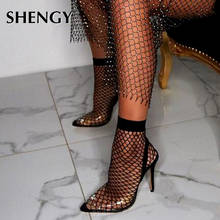 SHENGY 2020 New sexy stretch fabric mesh sock boots transparent PVC pointed toe ankle woman boots shoes thin high heels pumps 2024 - buy cheap