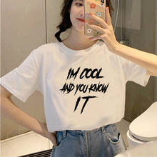 Impressão de letras criativas camiseta feminina senhoras casual harajuku gráfico camiseta de manga curta preto e branco 2024 - compre barato