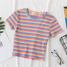 New T Shirt Women Rainbow Striped Tops Slim Fit t shirt Harajuku Tshirt Summer Short Sleeve Korean T-shirt feminina Clothes Tops 2024 - buy cheap