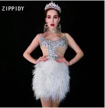 Fashion Silver Rhinestones Transparent White Feather Dress Dance Celebrate Dress Outfit Women's Bar Prom Party Dress 2024 - buy cheap