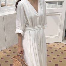 New 2021 Women Dresses Spring Summer Cotton and Linen Elegant Pleated Long White Dresses V Neck Lace Up Bow Girl 2024 - buy cheap