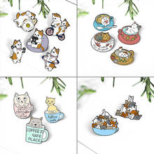 Cartoon Animal Cats Brooches Hi！friend Coffee cup cat Enamel Pins Box Kitten Cats Badge Brooch Bag Clothes Lapel Jewelry Gift 2024 - buy cheap