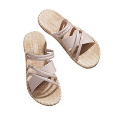 Zapatillas de lino para mujer, zapatos de Interior de verano, Zapatillas de casa con punta abierta y atado cruzado, sandalias romanas, chanclas 2024 - compra barato