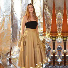 Gold Women Skirts With Ribbons  Saias Pleated  A Line High Waist jupe femme Satin Ankle Length Female Skirts 2024 - buy cheap