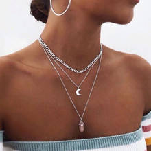 Vintage Multilayer Pink Bullet Crystal Moon Pendant Necklace Women Bohemian Ethnic Geometric Necklace Jewelry Kolye YN1125 2024 - buy cheap