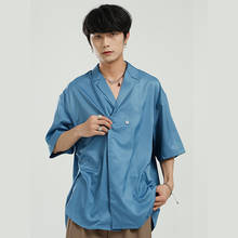 Camisa masculina estilo seda, camisa de manga curta solta casual retrô de cor sólida para homens, camiseta vintage de streetwear 2024 - compre barato