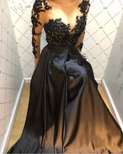 Elegante vestido de noche de manga larga para mujer, vestido Formal negro con flores hechas a mano, de encaje satinado de cristal, 2020 2024 - compra barato