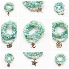 Natural Blue Amazonite Stone Bracelet 108 Prayer Beads Tibetan Silver Mala Necklace Knotted Stones 6mm Fatima Hand Om Charms 2024 - buy cheap