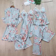 Conjunto de pijama de rayón con estampado de flores para mujer, ropa de dormir Sexy de 5 uds, camisón, M-XL de verano 2024 - compra barato