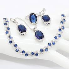 Conjunto de joyería para mujer, set de collar, pendientes, pulsera y anillo con colgante de plata de circón azul redondo para novia 2024 - compra barato