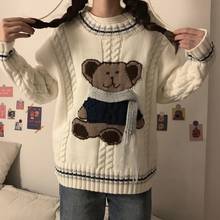Suéter solto gola redonda de urso bordado, blusão feminino outono inverno 2024 - compre barato