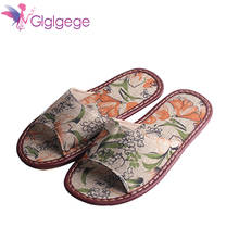 Glglglgege chinelos de lona femininos, chinelos rasos com dedos abertos bordados de linho floral para casa, sapatos femininos para verão, chinelos de praia antiderrapantes 2024 - compre barato