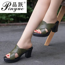 women genuine leather sandals thick heel slippers woman platform wedges summer shoes pumps woman size 35--41 2024 - buy cheap