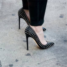 Sapatos de salto alto prata com rebites e metal, 12cm 10cm 8cm, preto, fosco, bico fino, festa, salto 2024 - compre barato