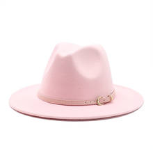 Fashion Men Women Wide Brim Pink Belt Dress Hat Wool Felt Hat Fashion Party Jazz Trilby Fedora Hat wholesale 2024 - buy cheap