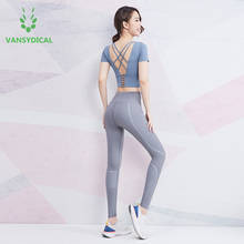 Vansydical yoga leggings colheita conjunto superior das mulheres ginásio treino acolchoado push up topos ginásio collants treino de fitness esportiva 2024 - compre barato