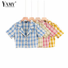 Summer crop tops women pink plaid top sexy short sleeve plaid shirt woman button up shirts vintage top korean style clothes 2024 - buy cheap