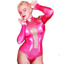 Pink Rhinestones Glossy Patent Leather Bodysuit Women Ladies Nightclub Performance Dance Show Wear Party Evening Costume 2024 - buy cheap