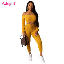 Adogirl 2020 Spring Casual Ribbed Two Piece Set Folded Slash Neck Long Sleeve Crop Top Pencil Pants Women Fashion Suit Outfits 2024 - buy cheap