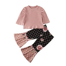 Conjuntos de roupas para bebês meninas, pulôver sólido com babado e calças estampa floral de manga comprida 2024 - compre barato