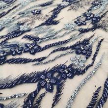 high end handmade blue color embroidered net lace fabric with 3D flower JOY-3910 beaded african tulle lace for wedding dress f 2024 - buy cheap