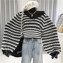 Women Sweater V-neck Striped Printed Lantern Sleeve Knitted Pullover Femme Spring Autumn Black Loose Oversize Knitwear Crop Top 2024 - buy cheap