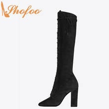 Black Knee Long Boots High Chunky Heels WomenRound Toe Zipper Flock Large Size 13 16 Ladies Winter Fashion Lace-Up Shoes Shofoo 2024 - buy cheap