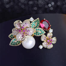 OKILY Luxury Cubic Zirconia Flower Brooch Pin for Women's Fashion Peony Pearl Brooches Pins Coat Jewelry New Year Gift 2021 2024 - buy cheap