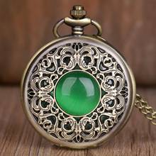 Ретро старинные карманные часы ожерелье цепь Мужчины Женщины бронзовая подвеска Скелет кварцевые карманные часы зеленый камень 2024 - купить недорого