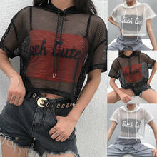 Womens Hollow Mesh Net Hooded T-Shirt Short Sleeve Tee Tops Transparent Black Swxy Clubwear Party 2024 - buy cheap