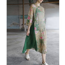 SCUWLINEN Artsy Vintage Robe 2022 Spring Retro Print Three Quarter Sleeve Patchwork Long Loose A-line Ramie Dress Women P264 2024 - buy cheap